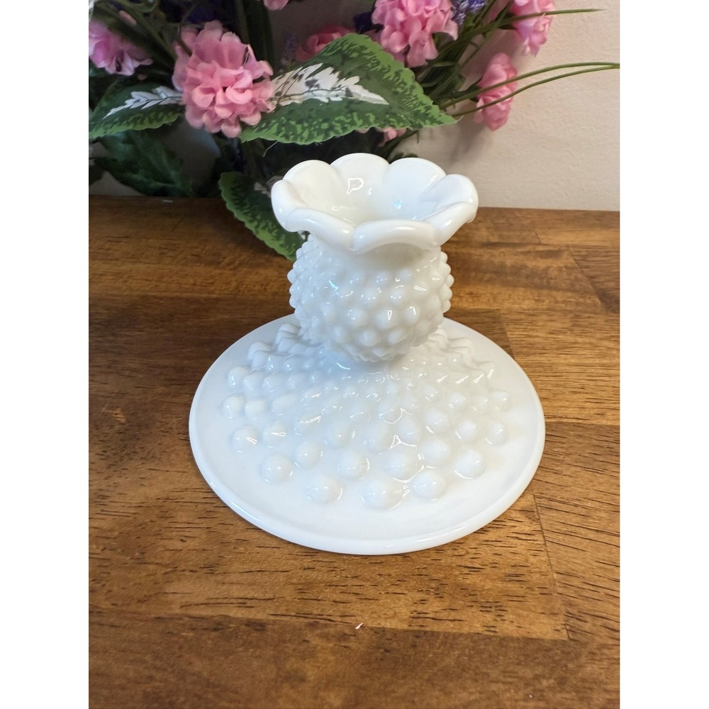 Vintage Hobnail Milk Glass Candle Holder – Ruffled Edge Pedestal Design‎ Wedding